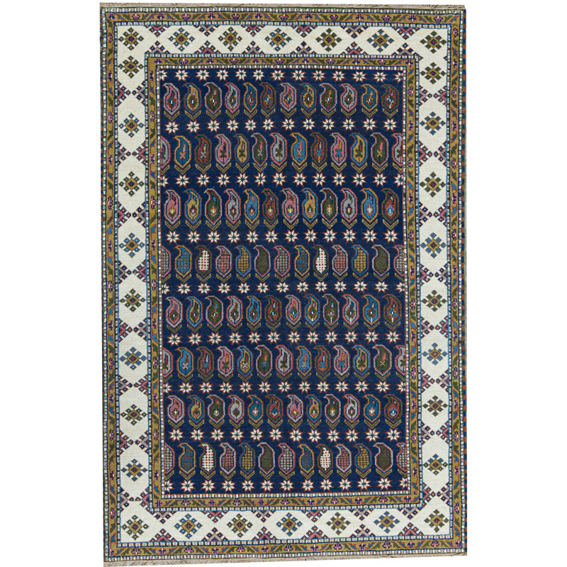Tapis bleu et crème noué à la main de haute qualité, Rectangle 7 pi 9 po x 9 pi 8 po