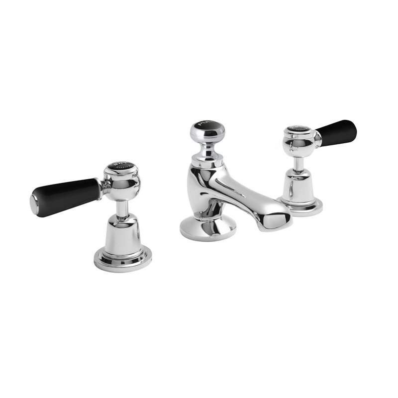 Solid Brass 3 Hole Deck Pillar Taps with Waste, Black