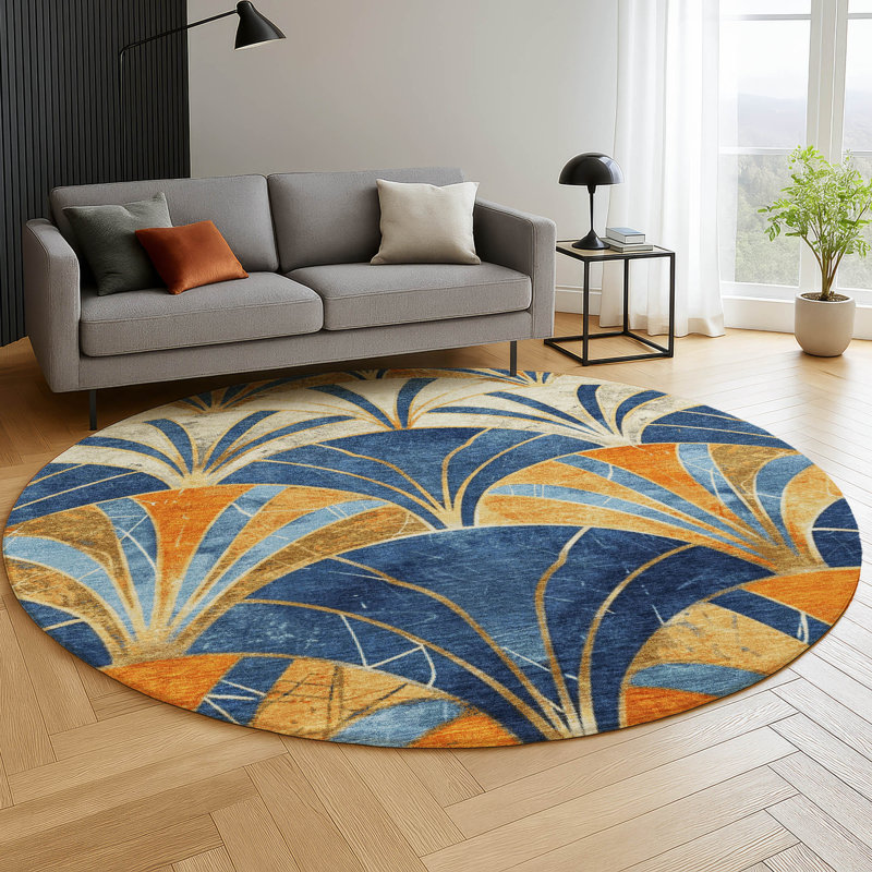 Tapis géométrique de qualité supérieure lavable à la machine Mayfield, Bleu, Rond 8 pi