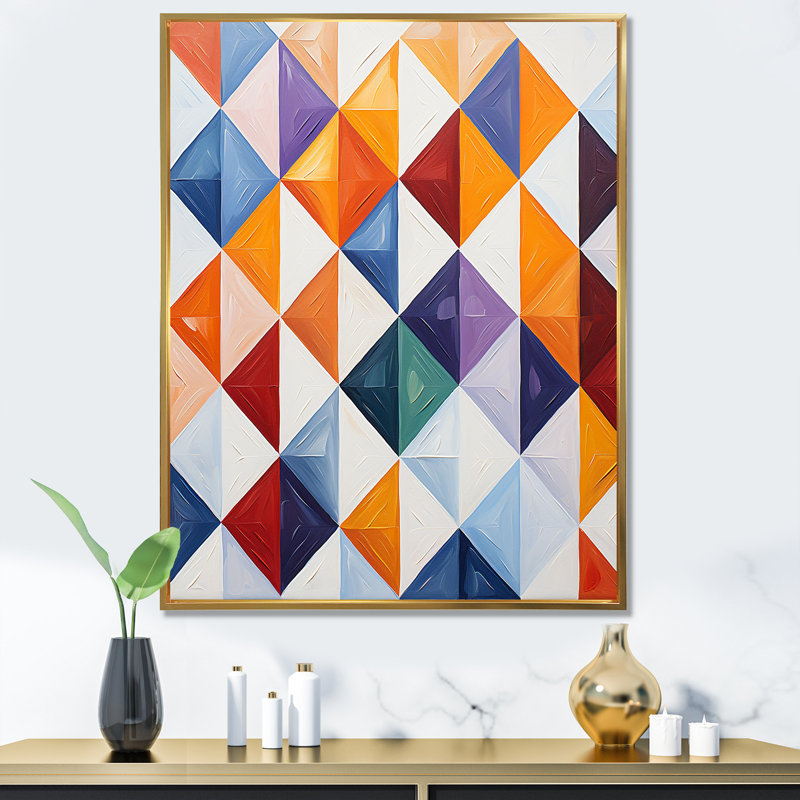 Carreaux géométriques multicolores orange et bleus - art mural abstrait, H 32 po x l 16 po x P 1 po, Cadre flottant doré