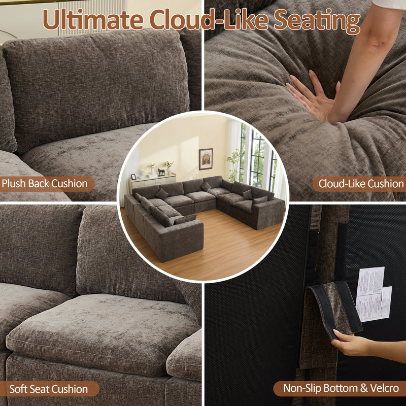 155'' Cloud Compression Sectional Couch, Brown Chenille