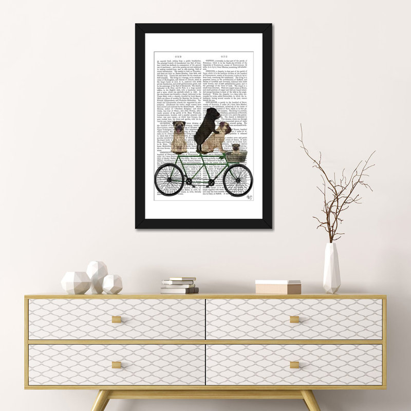 Impression sur toile tendue Fab Funky «Pug Tandem on Print fond», H 24 po x l 16 po x P 1 po, Papier beaux-arts encadré noir