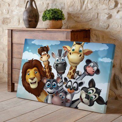 Toile, une scène animée animée mettant en vedette un groupe diversifié de dessins animés, animaux rassemblés, regardant de près avec art mural sur toile