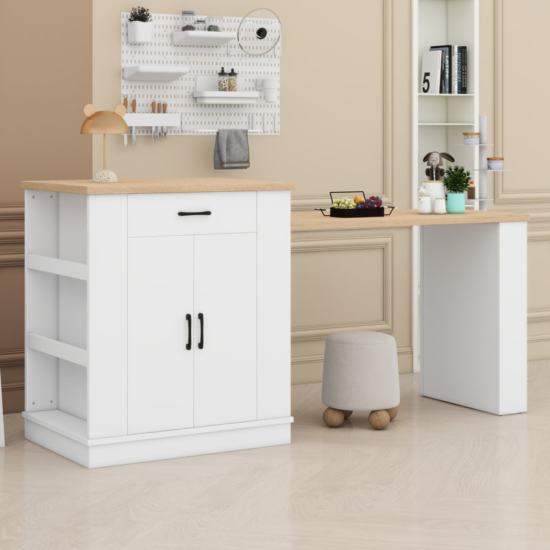 Extendable Island Console With Drawers, Cabinet & Open Shelving Multi-Functional Dining & Breakfast Bar Table