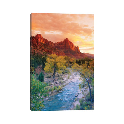 «Evening Light on Watchman Peak Above the Virgin River, Zion Canyon, Zion National Park, Utah, USA» par Russ Bishop - photographie sur toile tendue