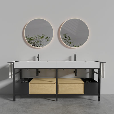 72"(36inch*2) Industrial Style Modular Bathroom Vanity With A Robust Metal Frame And Is Topped With A Seamless, Easy-To-Clean White Artificial Stone Basin, Without Drainage And Faucet, Kd