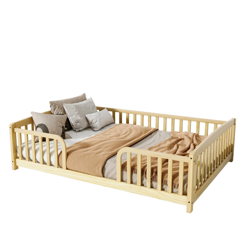 Lit double pour enfants avec garde-corps, lit double en bois de pin avec entrée centrale, lit de sécurité à profil bas