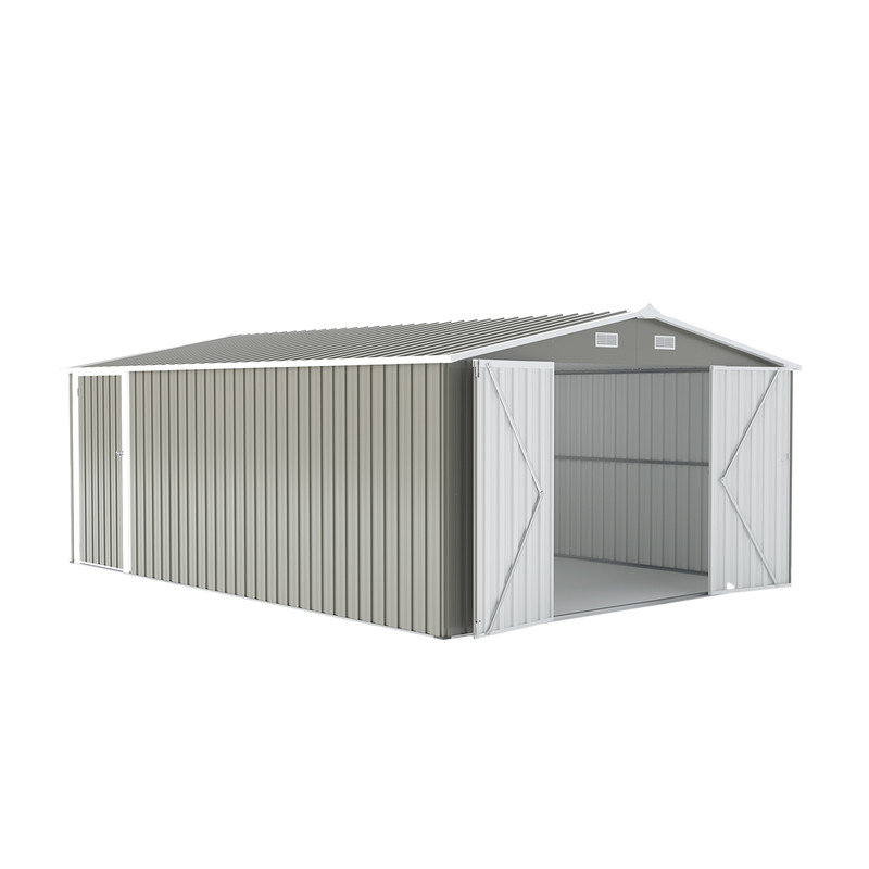 Campcraft 10×14 FT Outdoor Storage Shed, Metal Utility Tool Shed with 3 Lockable Doors, 4 Air Vents & Sloped Roof, Light Grey for Backyard, Patio, Lawn