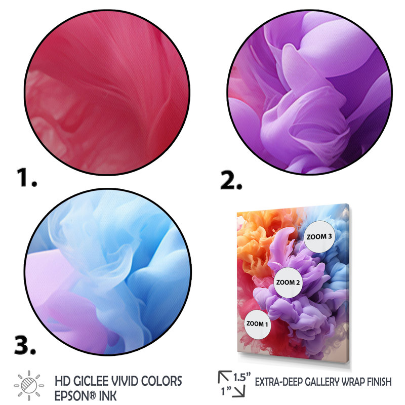 Impression sur toile de formes abstraites mauves, bleues et roses, Cadre flottant doré, H 20 po x l 12 po x P 1 po