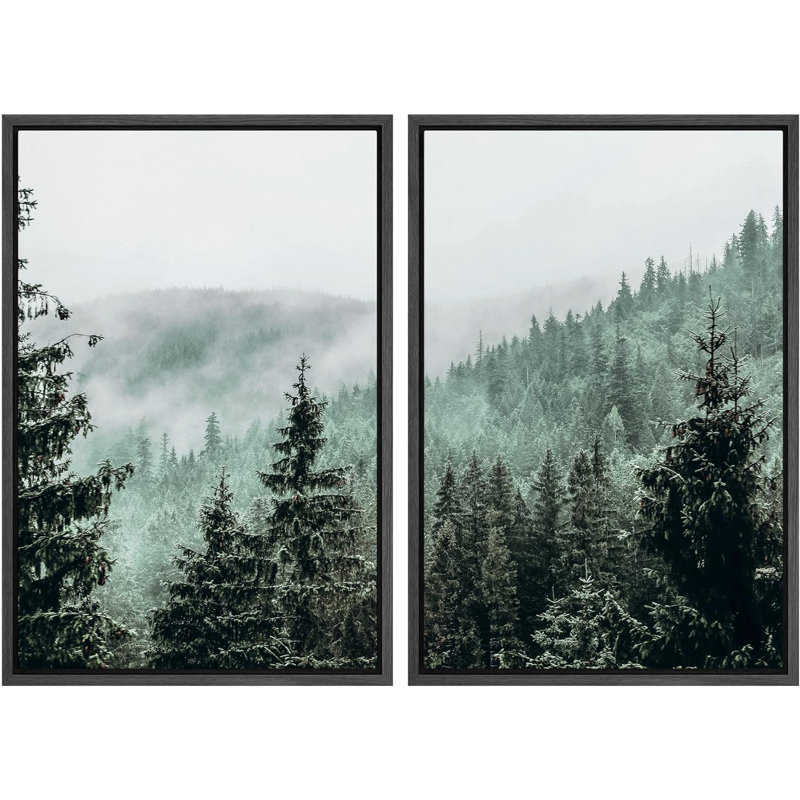 Vue aérienne de paysage de brume verte, forêt, paysage naturel, impression sur toile, 2 pièces, Cadre flottant noir
