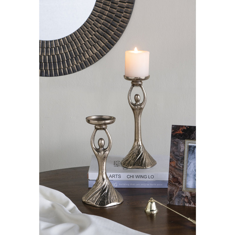 Set of 2 Gold Aluminum Pillar Holder With Abstract Lady Design, S: 4.5x9.5", L: 4.5x11.5", 2, 11.5'' H X 4.5'' W X 4.5'' D
