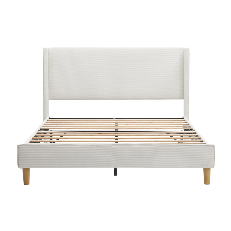 Janine Corduroy Upholstered Wingback Bed with Slat Kit and Solid and Manufactured Wood Frame, Cream, Queen