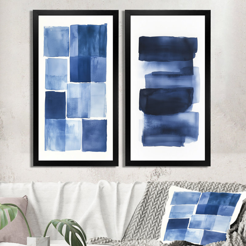 Indigo horizon - paysage abstrait minimaliste, art mural 2 pièces, H 32 po x l 32 po, Cadre naturel flottant
