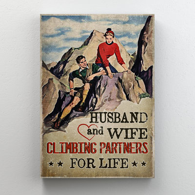 Climbing Couple In Mountain - Husband And Wife Climbing Partners For Life Gallery Wrapped Canvas - Sport Illustration Decor, Brown And Red Living Room Decor