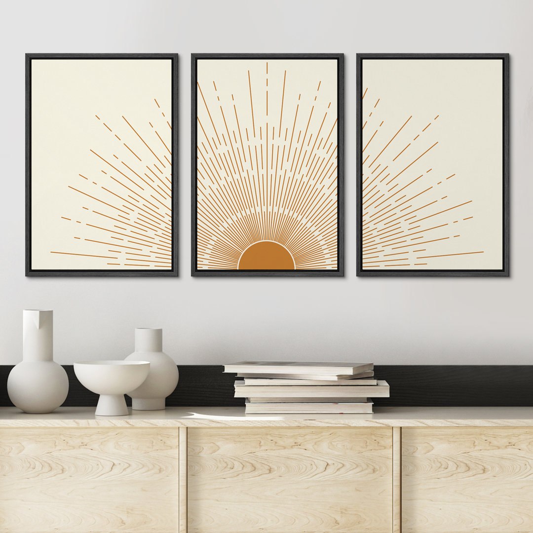Bright Mid-Century Modern Orange Minimal Sun ShineArt Boho Decor Framed Canvas 3 Pieces Print Set IDEA4WALL Frame 