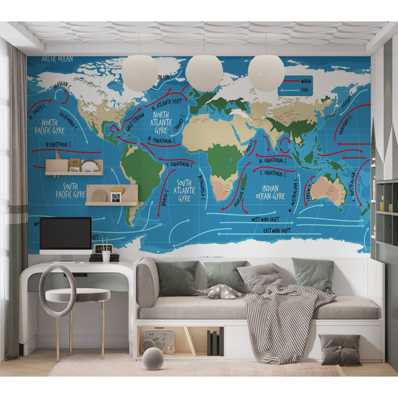 Murale pelez et collez de qualité supérieure - Carte du monde des courants océaniques, L 120 po x L 96 po