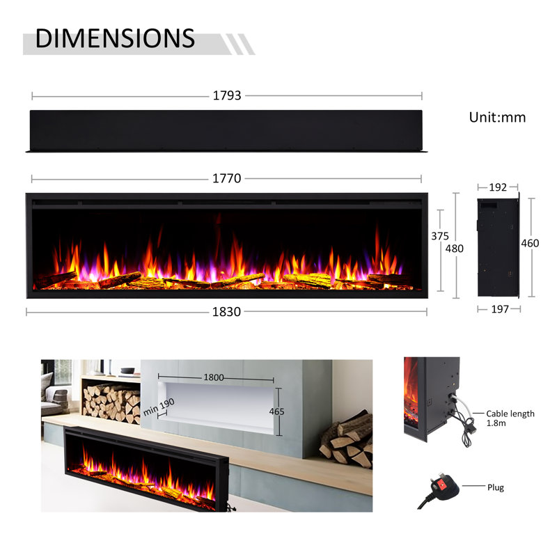 CASTELLO FLAMME Stainless Steel Electric Fireplace Insert, 48cm H x 183cm W x 19.7cm D