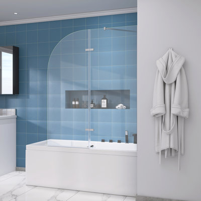 48'' W x 58'' H Frameless Shower & Bathtub Doors Folding Hinged Tempered Glass Pivot Tub Door with Support Bar