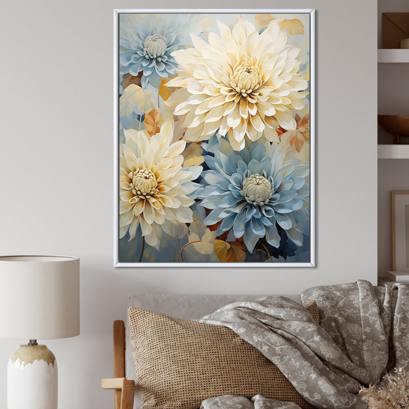 «White and Blue Mums Fragrant Elegance», reproduction sur toile, Cadre flottant blanc, H 44 po x l 34 po