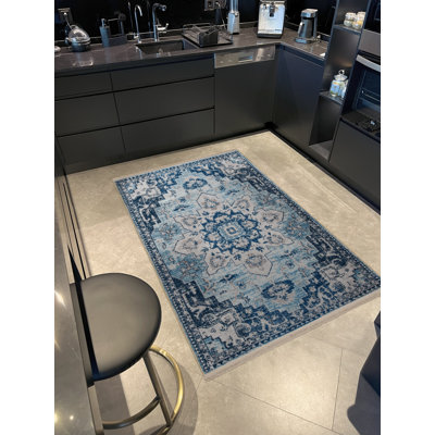 Tapis décoratif rétro à motif bleu à motif traditionnel