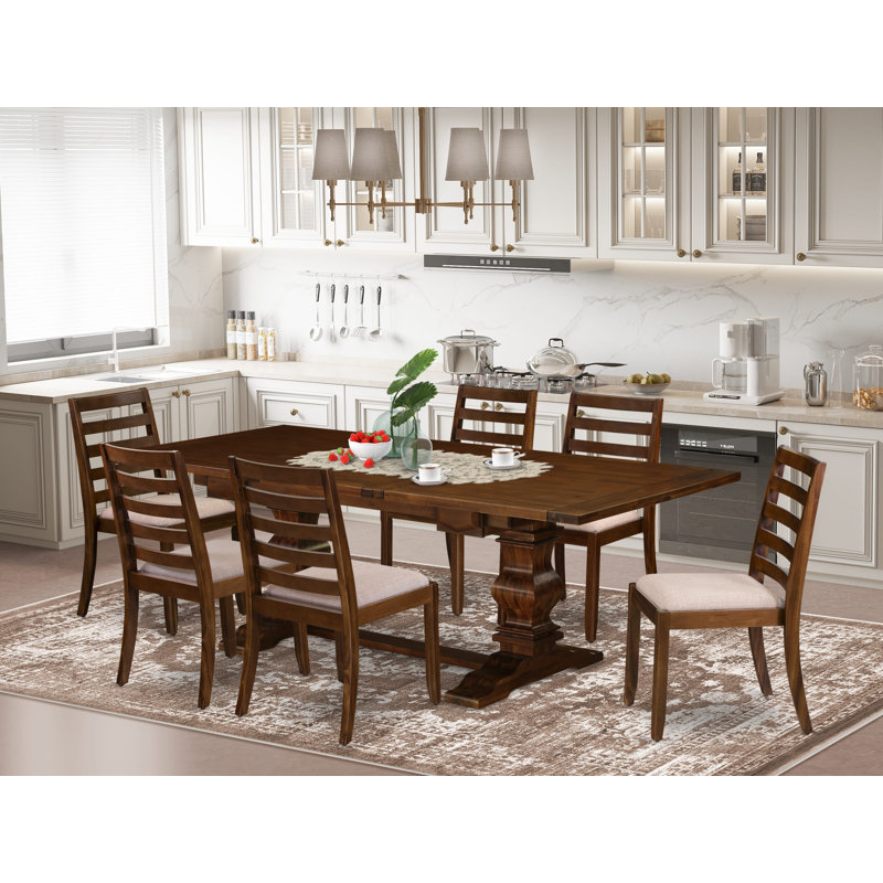 B0693860DE3949278B3E7642D0133A42 7-pc Kitchen Table set - a Removable leaf Table and 6 Light Tan Fabric stackable Chair, Antique Walnut Finish.