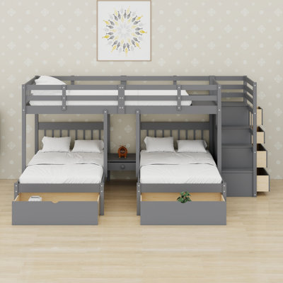 Wood Triple Bunk Bed With Drawers And Guardrails