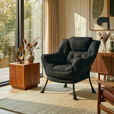 Fauteuil Lazy, fauteuil d'appoint moderne et confortable, grand fauteuil avec une poche latérale, fauteuil de lecture pour chambre à coucher, salon, dortoir, noir