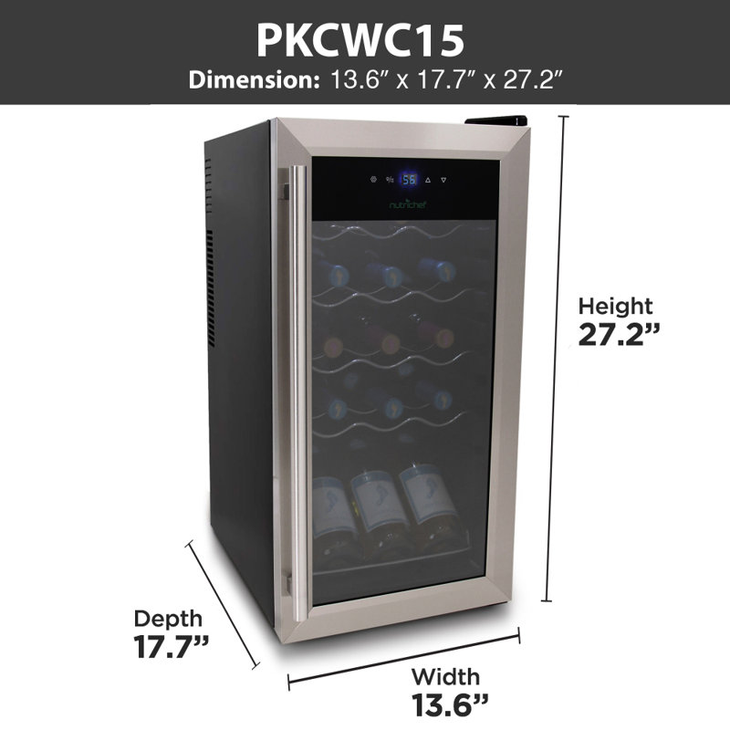 NutriChef Single Zone 13.6'' Freestanding 15 Bottle Wine Refrigerator