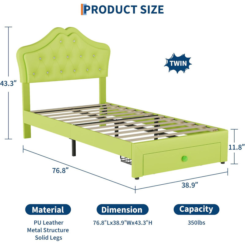 Bed Frame with LED Lights, Upholstered Platform Bed with Storage Drawer, Crystal Tufted Headboard for Kids, Teens, Noise-Free Slats & Easy Assembly