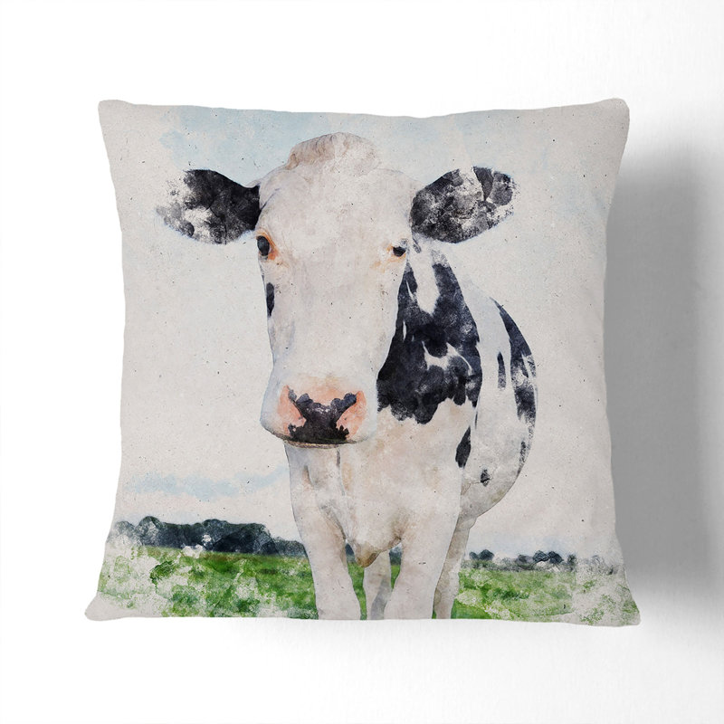 Black And White Cow Watercolour Square Throw Cushion, White, 40cm H x 40cm W x 15cm D