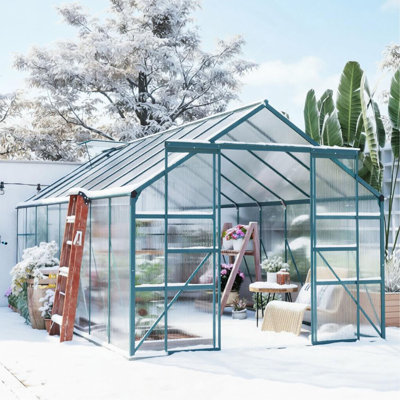 Outdoor winter Aluminum Greenhouse Polycarbonate Walk-in Garden Greenhouse Kit with Adjustable Roof Vent, Rain Gutter and Sliding Door 16' x 8'