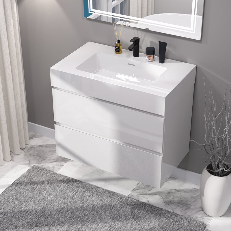 Meuble-lavabo simple 36 po avec comptoir à surface solide 36 po, Blanc brillant, Blanc brillant