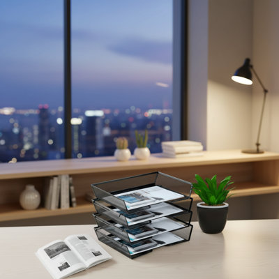 Office Supplies Black File Storage Rack, Four-Layer Metal Mesh Tray, Reinforced Edges, Stackable