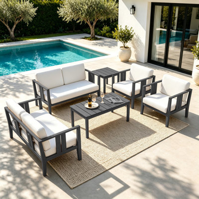 Junco Teak Outdoor Six-person Patio Set With Cushions And Two Tables