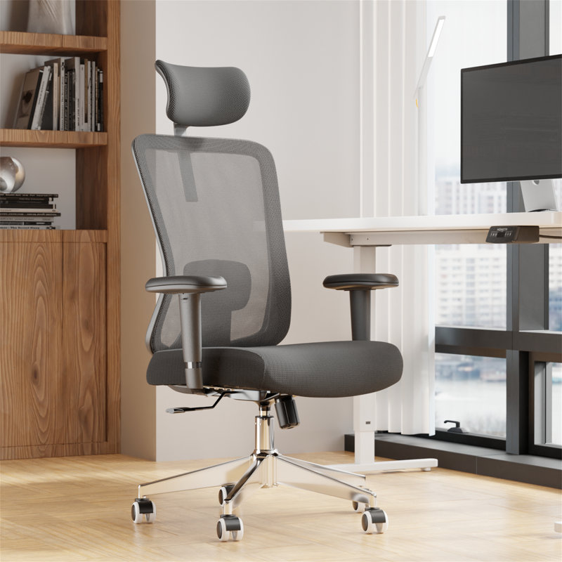 Chaise de bureau ergonomique, chaise de bureau en filet à dossier haut avec appui-tête réglable et soutien lombaire à accoudoirs en 2 dimensions, fonction d'inclinaison de 90 ° à 135 °