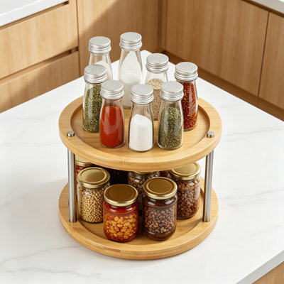 2 Tier Lazy Susan Organizer, 10 Inch Wood Revolving Spice Rack Turntable For Cabinet, Shelf, Countertop, Or Table