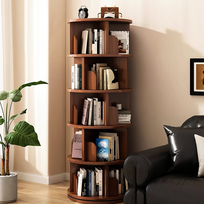Bibliothèque rotative à 5 niveaux sur 360 degrés pour la chambre à coucher, le salon, le bureau - couleur noyer, bureau rond à économie d'espace et pivotant, noyer de pièce, installation facile à la mode