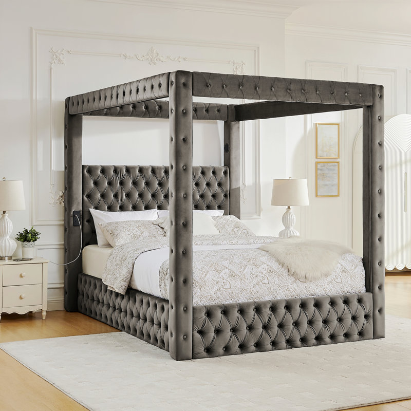 Structure de lit à baldaquin, lit plateforme tapissier avec tête de lit capitonnée, haut-parleur Bluetooth intégré, ports de charge USB-A et USB-C