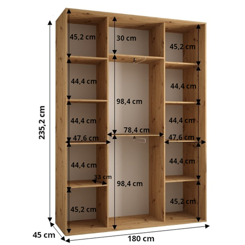 3 Door Manufactured Wood Wardrobe, Black/Natural, 235.2cm H x 180cm W x 45cm D