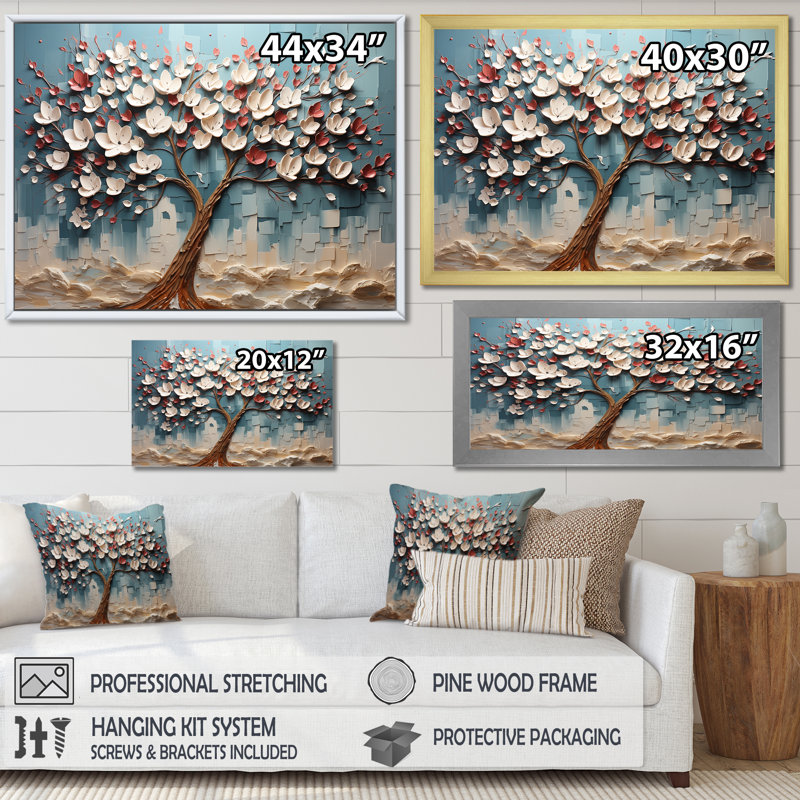 Arbre de fleur rouge et or au clair de lune beauté V - art mural arbre, Cadre d'angle fermé noir, H 16 po x l 32 po x P 1 po
