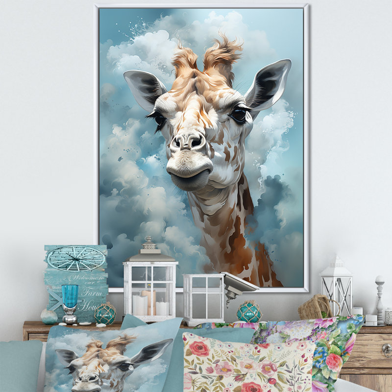 Girafes bleues en harmonie sur toile, Silver Picture Framed, 44" H x 34" W