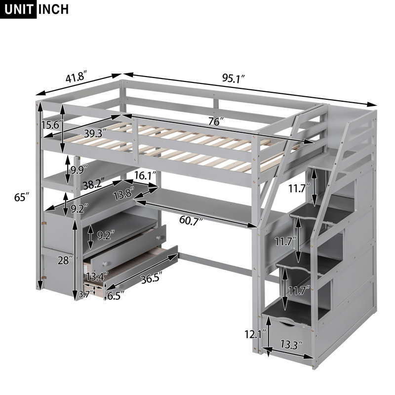 Lit mezzanine simple multifonctionnel, bois de pin gris, conception peu encombrante