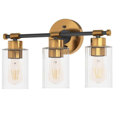 Inlight 16" Wide 3-Light Brass Gold Bathroom Vanity Light, Modern Black Bath Lighting, Clear Ribbed Glass Shade Wall Sconce, Bulb Not Included, IN-0445-3-GD