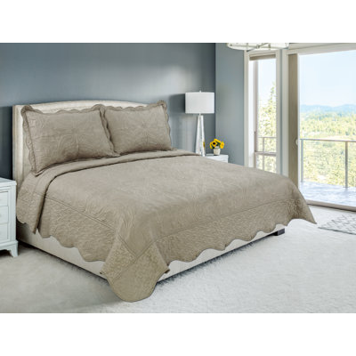 Marina Decoration Home Embroidery Bedding Stitching Coverlet Bedspread Ultra Soft Solid 3 Piece Summer Embroidered Quilt Set with 2 Quilted Shams, Taupe Floral Paisley Pattern Queen/Full Size