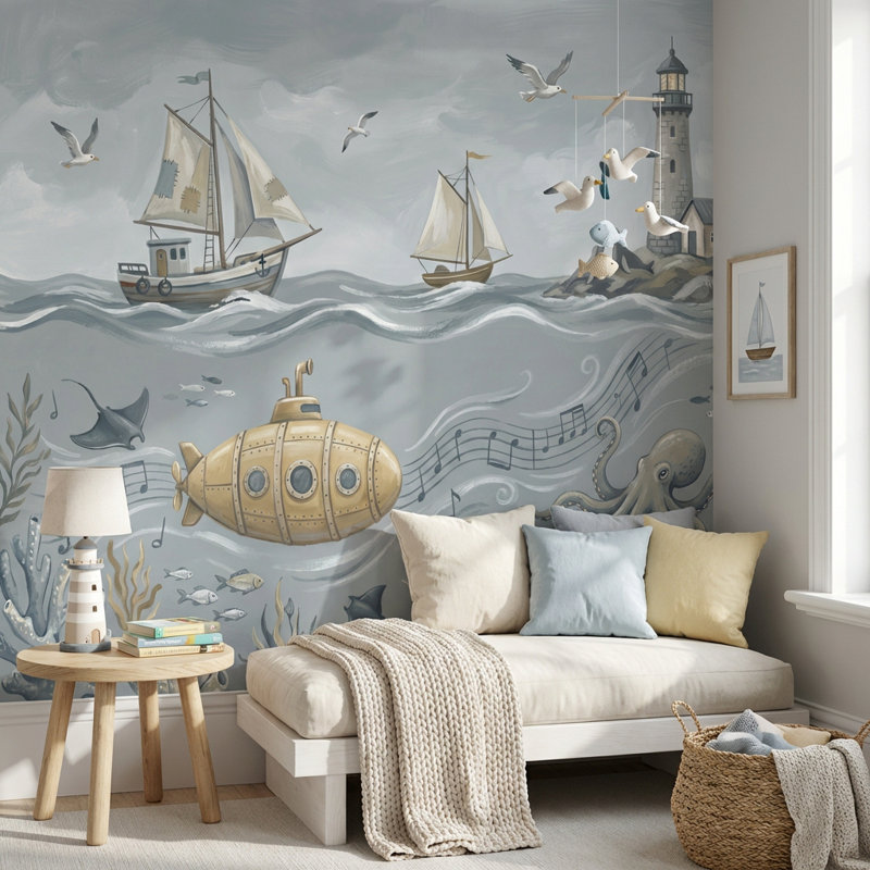 Papier peint marin, décoration murale, voiliers, phare, 200 po x 120 po, Texturé non collé