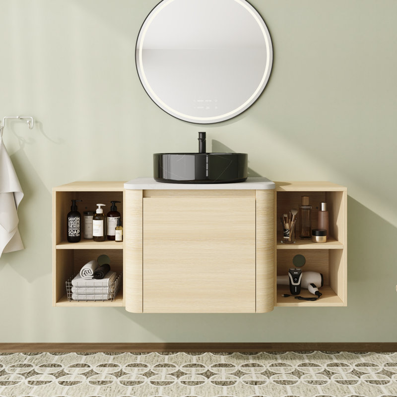 Ensemble de meuble-lavabo mural simple 48 po avec plateau en pierre reconstituée et portes à fermeture en douceur 48 po