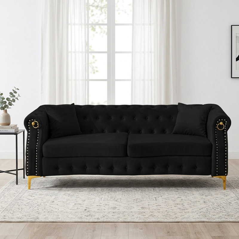 83.5'' Comfort Tufted Velvet Sofa with Wooden Frame, Black