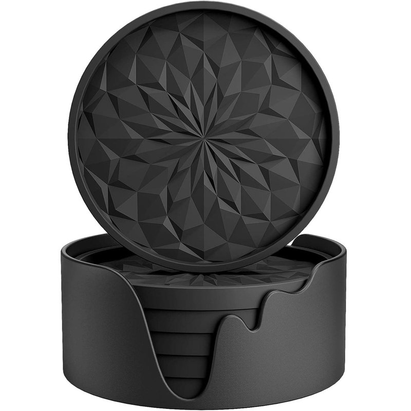 3.9" 6-Pack Orange Silicone Coasters with Holder - Non-Slip Drink Mat, Black