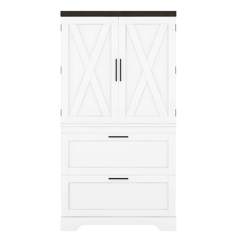 Armoire en bois de style campagne moderne avec cadre robuste avec cloison de rangement à porte intérieure et tiroirs, Blanc