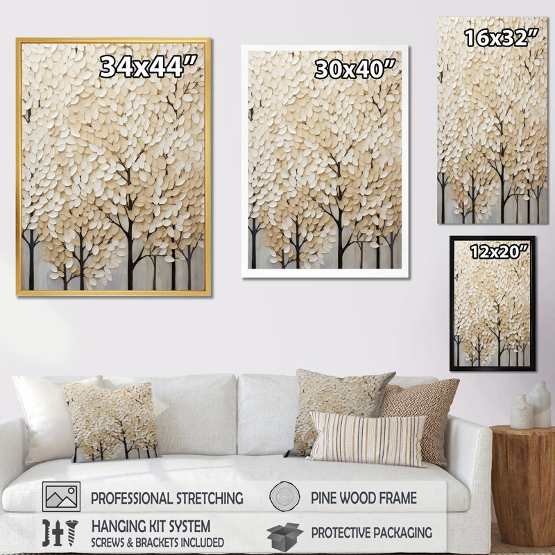 Harmonous Beige Tree Art I, reproduction d'art sur toile, H 40 po x l 30 po x P 1,5 po, Cadre simple blanc